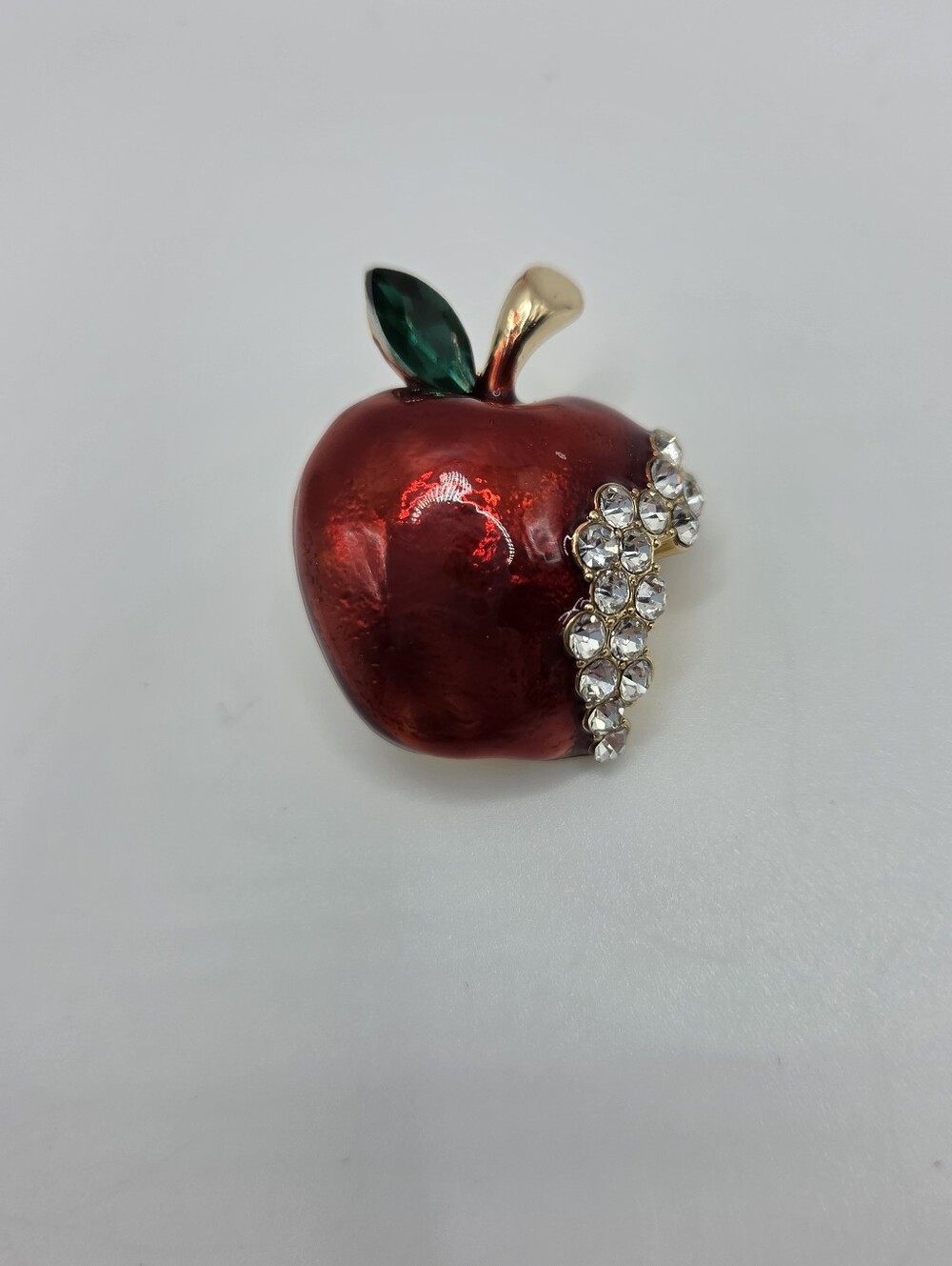 Red Apple Brooch Green Leaf Rhinestone Enamel Bitten Apple Pin New